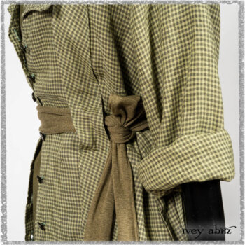 Vanetten Duster Coat in Seagrass Petite Check Linen; Saint Ans Sash in Woodlawn Melange Knit; Saint Ans Frock in Seagrass Crushed Cotton with mix of sculptural details created in rare weaves. Ivey Abitz bespoke clothing.