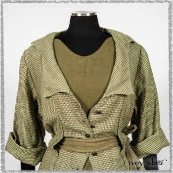 Vanetten Duster Coat in Seagrass Petite Check Linen; Saint Ans Sash in Woodlawn Melange Knit; Saint Ans Frock in Seagrass Crushed Cotton with mix of sculptural details created in rare weaves. Ivey Abitz bespoke clothing.