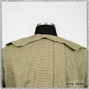 Vanetten Duster Coat in Seagrass Petite Check Linen; Saint Ans Sash in Woodlawn Melange Knit; Saint Ans Frock in Seagrass Crushed Cotton with mix of sculptural details created in rare weaves. Ivey Abitz bespoke clothing.