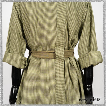 Vanetten Duster Coat in Seagrass Petite Check Linen; Saint Ans Sash in Woodlawn Melange Knit; Saint Ans Frock in Seagrass Crushed Cotton with mix of sculptural details created in rare weaves. Ivey Abitz bespoke clothing.