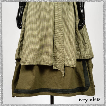 Vanetten Duster Coat in Seagrass Petite Check Linen; Saint Ans Sash in Woodlawn Melange Knit; Saint Ans Frock in Seagrass Crushed Cotton with mix of sculptural details created in rare weaves. Ivey Abitz bespoke clothing.