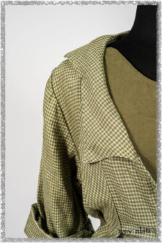 Vanetten Duster Coat in Seagrass Petite Check Linen; Saint Ans Sash in Woodlawn Melange Knit; Saint Ans Frock in Seagrass Crushed Cotton with mix of sculptural details created in rare weaves. Ivey Abitz bespoke clothing.