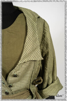 Vanetten Duster Coat in Seagrass Petite Check Linen; Saint Ans Sash in Woodlawn Melange Knit; Saint Ans Frock in Seagrass Crushed Cotton with mix of sculptural details created in rare weaves. Ivey Abitz bespoke clothing.