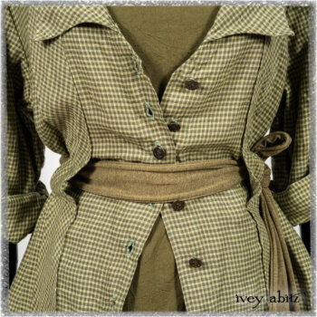 Vanetten Duster Coat in Seagrass Petite Check Linen; Saint Ans Sash in Woodlawn Melange Knit; Saint Ans Frock in Seagrass Crushed Cotton with mix of sculptural details created in rare weaves. Ivey Abitz bespoke clothing.