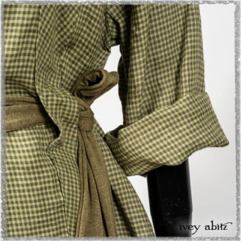 Vanetten Duster Coat in Seagrass Petite Check Linen; Saint Ans Sash in Woodlawn Melange Knit; Saint Ans Frock in Seagrass Crushed Cotton with mix of sculptural details created in rare weaves. Ivey Abitz bespoke clothing.