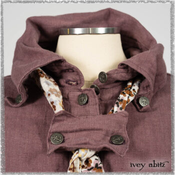 Fairholme Shirt in Plum Tree Washed Linen; Fairholme Necktie in Plum Tree Watercolour Floral Voile; Viv Frock in Anchor Grey and Plum Washed Check. Ivey Abitz bespoke clothing.