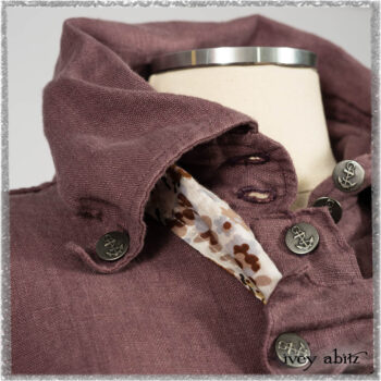 Fairholme Shirt in Plum Tree Washed Linen; Fairholme Necktie in Plum Tree Watercolour Floral Voile; Viv Frock in Anchor Grey and Plum Washed Check. Ivey Abitz bespoke clothing.