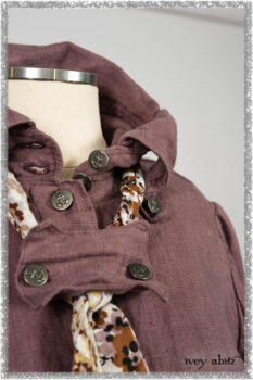 Fairholme Shirt in Plum Tree Washed Linen; Fairholme Necktie in Plum Tree Watercolour Floral Voile; Viv Frock in Anchor Grey and Plum Washed Check. Ivey Abitz bespoke clothing.