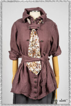 Fairholme Shirt in Plum Tree Washed Linen; Fairholme Necktie in Plum Tree Watercolour Floral Voile; Viv Frock in Anchor Grey and Plum Washed Check. Ivey Abitz bespoke clothing.