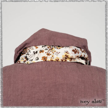 Fairholme Shirt in Plum Tree Washed Linen; Fairholme Necktie in Plum Tree Watercolour Floral Voile; Viv Frock in Anchor Grey and Plum Washed Check. Ivey Abitz bespoke clothing.