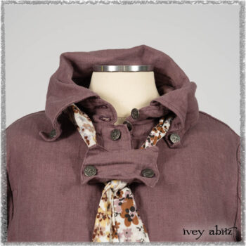 Fairholme Shirt in Plum Tree Washed Linen; Fairholme Necktie in Plum Tree Watercolour Floral Voile; Viv Frock in Anchor Grey and Plum Washed Check. Ivey Abitz bespoke clothing.