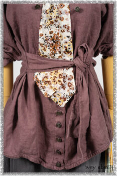 Fairholme Shirt in Plum Tree Washed Linen; Fairholme Necktie in Plum Tree Watercolour Floral Voile; Viv Frock in Anchor Grey and Plum Washed Check. Ivey Abitz bespoke clothing.