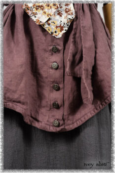 Fairholme Shirt in Plum Tree Washed Linen; Fairholme Necktie in Plum Tree Watercolour Floral Voile; Viv Frock in Anchor Grey and Plum Washed Check. Ivey Abitz bespoke clothing.