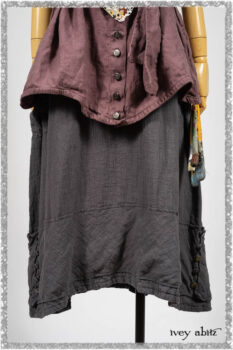 Fairholme Shirt in Plum Tree Washed Linen; Fairholme Necktie in Plum Tree Watercolour Floral Voile; Viv Frock in Anchor Grey and Plum Washed Check. Ivey Abitz bespoke clothing.