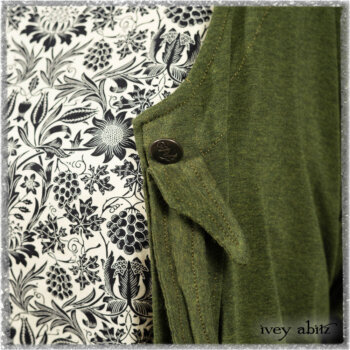 Tollie Dress in Ethereal Cream and Black Fleur Stretch Cotton; Chevallier Cardigan in Seagrass Melange Knit. Ivey Abitz bespoke clothing.
