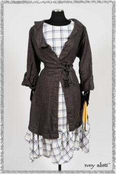 Chevallier Duster Coat in Anchor Grey Wondrous Washed Linen; Fairholme Frock in Plum Tree Wispy Plaid Cotton. Ivey Abitz bespoke clothing.