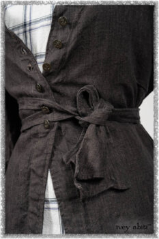 Chevallier Duster Coat in Anchor Grey Wondrous Washed Linen; Fairholme Frock in Plum Tree Wispy Plaid Cotton. Ivey Abitz bespoke clothing.