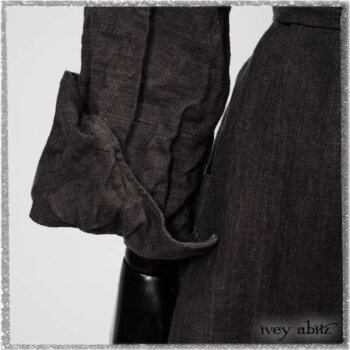Chevallier Duster Coat in Anchor Grey Wondrous Washed Linen; Fairholme Frock in Plum Tree Wispy Plaid Cotton. Ivey Abitz bespoke clothing.