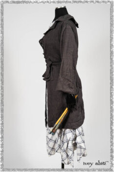 Chevallier Duster Coat in Anchor Grey Wondrous Washed Linen; Fairholme Frock in Plum Tree Wispy Plaid Cotton. Ivey Abitz bespoke clothing.