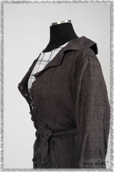 Chevallier Duster Coat in Anchor Grey Wondrous Washed Linen; Fairholme Frock in Plum Tree Wispy Plaid Cotton. Ivey Abitz bespoke clothing.