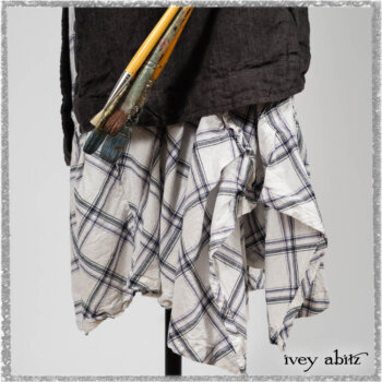 Chevallier Duster Coat in Anchor Grey Wondrous Washed Linen; Fairholme Frock in Plum Tree Wispy Plaid Cotton. Ivey Abitz bespoke clothing.