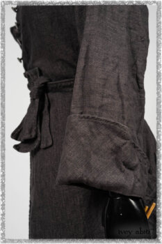 Chevallier Duster Coat in Anchor Grey Wondrous Washed Linen; Fairholme Frock in Plum Tree Wispy Plaid Cotton. Ivey Abitz bespoke clothing.