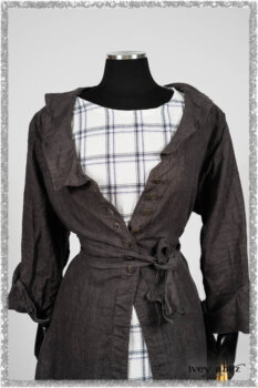 Chevallier Duster Coat in Anchor Grey Wondrous Washed Linen; Fairholme Frock in Plum Tree Wispy Plaid Cotton. Ivey Abitz bespoke clothing.
