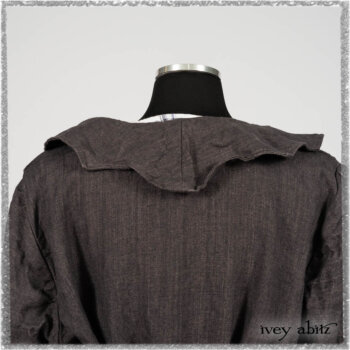 Chevallier Duster Coat in Anchor Grey Wondrous Washed Linen; Fairholme Frock in Plum Tree Wispy Plaid Cotton. Ivey Abitz bespoke clothing.