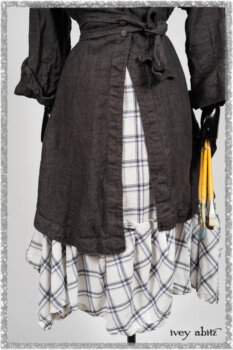 Chevallier Duster Coat in Anchor Grey Wondrous Washed Linen; Fairholme Frock in Plum Tree Wispy Plaid Cotton. Ivey Abitz bespoke clothing.
