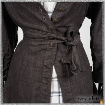 Chevallier Duster Coat in Anchor Grey Wondrous Washed Linen; Fairholme Frock in Plum Tree Wispy Plaid Cotton. Ivey Abitz bespoke clothing.