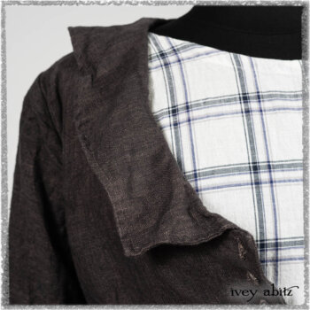 Chevallier Duster Coat in Anchor Grey Wondrous Washed Linen; Fairholme Frock in Plum Tree Wispy Plaid Cotton. Ivey Abitz bespoke clothing.