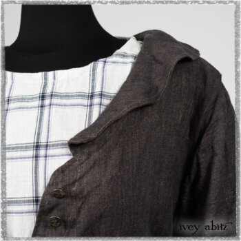 Chevallier Duster Coat in Anchor Grey Wondrous Washed Linen; Fairholme Frock in Plum Tree Wispy Plaid Cotton. Ivey Abitz bespoke clothing.