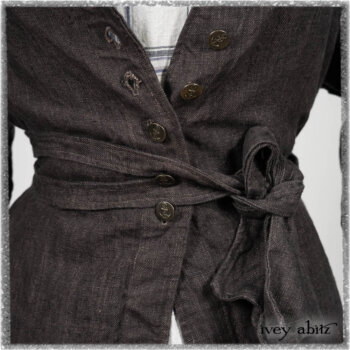 Chevallier Duster Coat in Anchor Grey Wondrous Washed Linen; Fairholme Frock in Plum Tree Wispy Plaid Cotton. Ivey Abitz bespoke clothing.