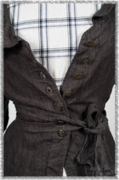 Chevallier Duster Coat in Anchor Grey Wondrous Washed Linen; Fairholme Frock in Plum Tree Wispy Plaid Cotton. Ivey Abitz bespoke clothing.