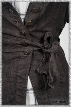 Chevallier Duster Coat in Anchor Grey Wondrous Washed Linen; Fairholme Frock in Plum Tree Wispy Plaid Cotton. Ivey Abitz bespoke clothing.