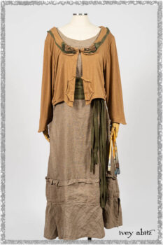 Saint Ans Jacket in Chestnut Tree Melange Knit; Porte Cochere Sash in Seagrass Crushed Knit; Hudson Frock in Earthen Washed Stripe Linen. Ivey Abitz bespoke clothing.