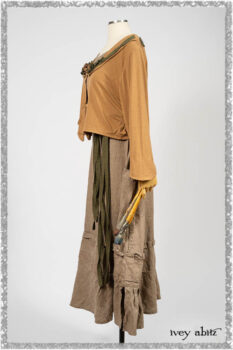 Saint Ans Jacket in Chestnut Tree Melange Knit; Porte Cochere Sash in Seagrass Crushed Knit; Hudson Frock in Earthen Washed Stripe Linen. Ivey Abitz bespoke clothing.