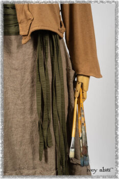 Saint Ans Jacket in Chestnut Tree Melange Knit; Porte Cochere Sash in Seagrass Crushed Knit; Hudson Frock in Earthen Washed Stripe Linen. Ivey Abitz bespoke clothing.