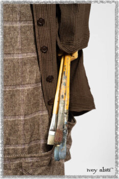 Porte Cochere Shirt Jacket in Earthen Ribbed Weave; Fairholme Sash in Ethereal Floral Cotton Voile; Porte Cochere Frock in Earthen and Plum Stretch Plaid; Gabled Frock in Plum Tree and Woodlawn Check Cotton. Ivey Abitz bespoke clothing.
