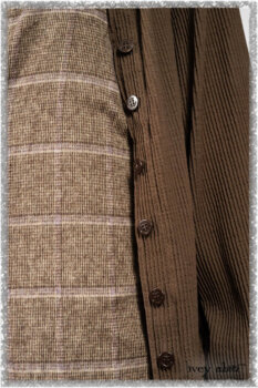 Porte Cochere Shirt Jacket in Earthen Ribbed Weave; Fairholme Sash in Ethereal Floral Cotton Voile; Porte Cochere Frock in Earthen and Plum Stretch Plaid; Gabled Frock in Plum Tree and Woodlawn Check Cotton. Ivey Abitz bespoke clothing.