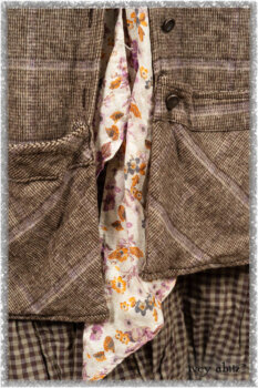 Porte Cochere Shirt Jacket in Earthen Ribbed Weave; Fairholme Sash in Ethereal Floral Cotton Voile; Porte Cochere Frock in Earthen and Plum Stretch Plaid; Gabled Frock in Plum Tree and Woodlawn Check Cotton. Ivey Abitz bespoke clothing.