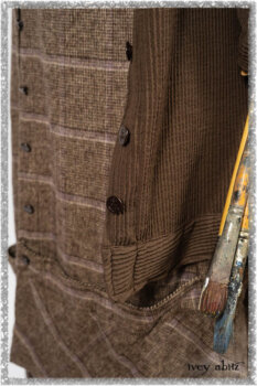 Porte Cochere Shirt Jacket in Earthen Ribbed Weave; Fairholme Sash in Ethereal Floral Cotton Voile; Porte Cochere Frock in Earthen and Plum Stretch Plaid; Gabled Frock in Plum Tree and Woodlawn Check Cotton. Ivey Abitz bespoke clothing.