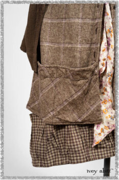 Porte Cochere Shirt Jacket in Earthen Ribbed Weave; Fairholme Sash in Ethereal Floral Cotton Voile; Porte Cochere Frock in Earthen and Plum Stretch Plaid; Gabled Frock in Plum Tree and Woodlawn Check Cotton. Ivey Abitz bespoke clothing.