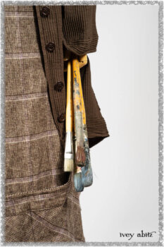 Porte Cochere Shirt Jacket in Earthen Ribbed Weave; Fairholme Sash in Ethereal Floral Cotton Voile; Porte Cochere Frock in Earthen and Plum Stretch Plaid; Gabled Frock in Plum Tree and Woodlawn Check Cotton. Ivey Abitz bespoke clothing.