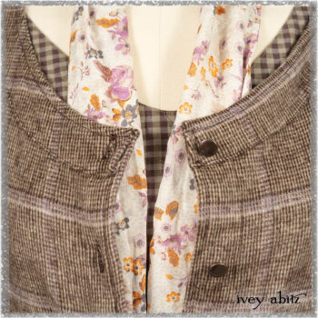 Porte Cochere Shirt Jacket in Earthen Ribbed Weave; Fairholme Sash in Ethereal Floral Cotton Voile; Porte Cochere Frock in Earthen and Plum Stretch Plaid; Gabled Frock in Plum Tree and Woodlawn Check Cotton. Ivey Abitz bespoke clothing.