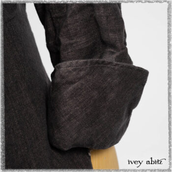 Chevallier Duster Coat in Anchor Grey Wondrous Washed Linen; Chevallier Vest in Seagrass and Anchor Grey Soft Plaid Cotton; Chevallier Trousers in Seagrass Herringbone Twill. Ivey Abitz bespoke clothing.