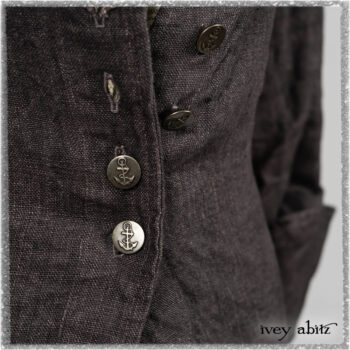 Chevallier Duster Coat in Anchor Grey Wondrous Washed Linen; Chevallier Vest in Seagrass and Anchor Grey Soft Plaid Cotton; Chevallier Trousers in Seagrass Herringbone Twill. Ivey Abitz bespoke clothing.