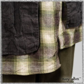 Chevallier Duster Coat in Anchor Grey Wondrous Washed Linen; Chevallier Vest in Seagrass and Anchor Grey Soft Plaid Cotton; Chevallier Trousers in Seagrass Herringbone Twill. Ivey Abitz bespoke clothing.