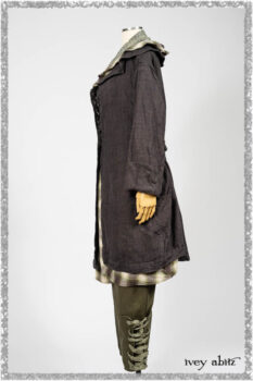 Chevallier Duster Coat in Anchor Grey Wondrous Washed Linen; Chevallier Vest in Seagrass and Anchor Grey Soft Plaid Cotton; Chevallier Trousers in Seagrass Herringbone Twill. Ivey Abitz bespoke clothing.