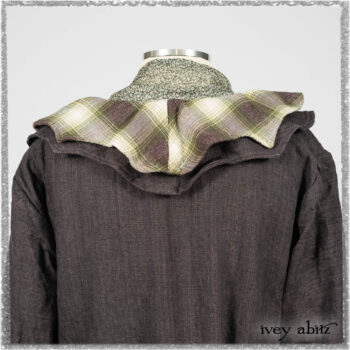 Chevallier Duster Coat in Anchor Grey Wondrous Washed Linen; Chevallier Vest in Seagrass and Anchor Grey Soft Plaid Cotton; Chevallier Trousers in Seagrass Herringbone Twill. Ivey Abitz bespoke clothing.